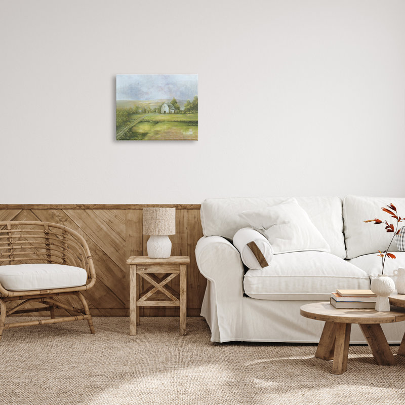 «Distant White Barn Vast Country Farmland Fields», peinture sur toile, H 16 po x l 20 po x P 1,5 po, Toile tendue