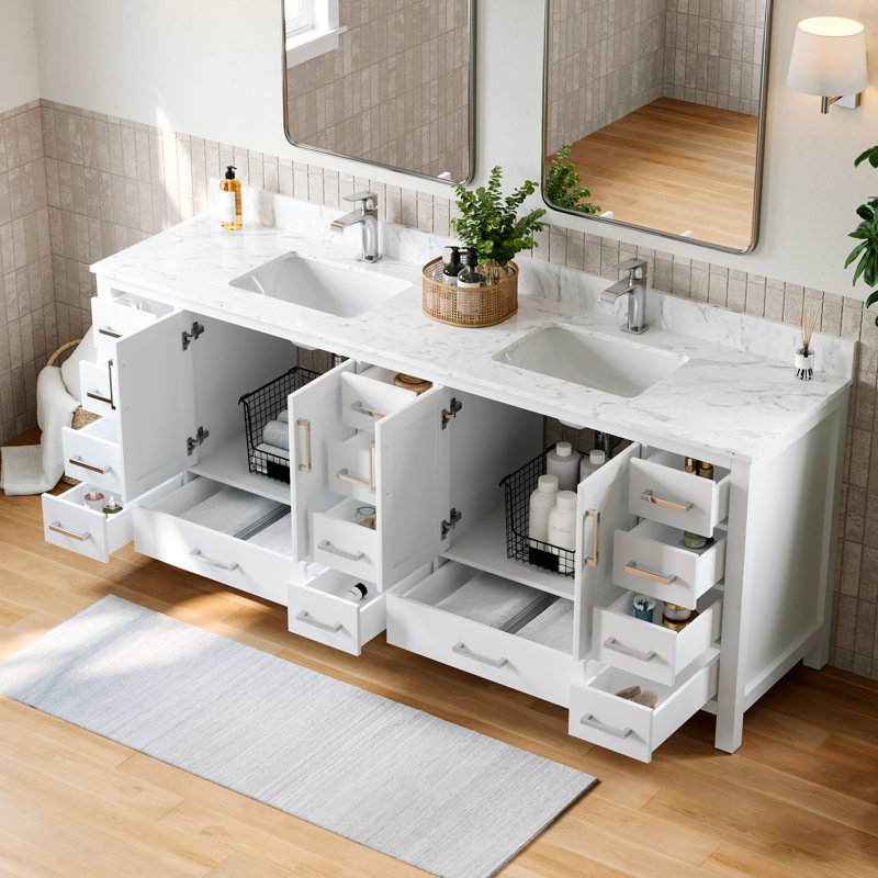 Meuble-lavabo autoportant moderne 84 po 84 po avec double vasque avec comptoir en marbre de Carrare, cuve en céramique blanche, quatorze tiroirs et deux armoires de rangement en bois massif, blanc