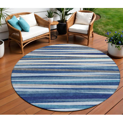 Tapis intérieur lavable rayé rond bleu marine ivoire et gris 8 pi