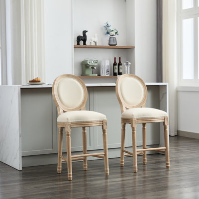 2 Solid Wood Bar Chairs, French Country Distinction. Cushioned Seat. Structure, Adjustable Foot Mat. Beige, 15.01 In. Width. Distinctive & Enduring 2Pcs Stools, Wood. Upholstered Seating For Comfort.