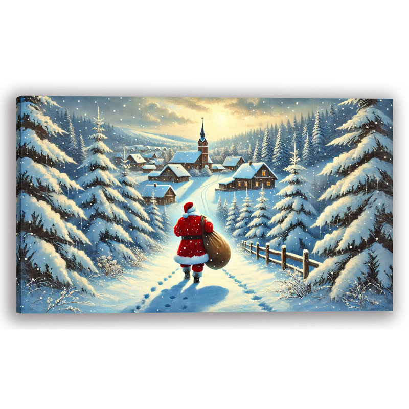 «Santa's Twilight Trek: Snow-Covered Village at Dusk», art sur toile, H 24 po x l 42 po