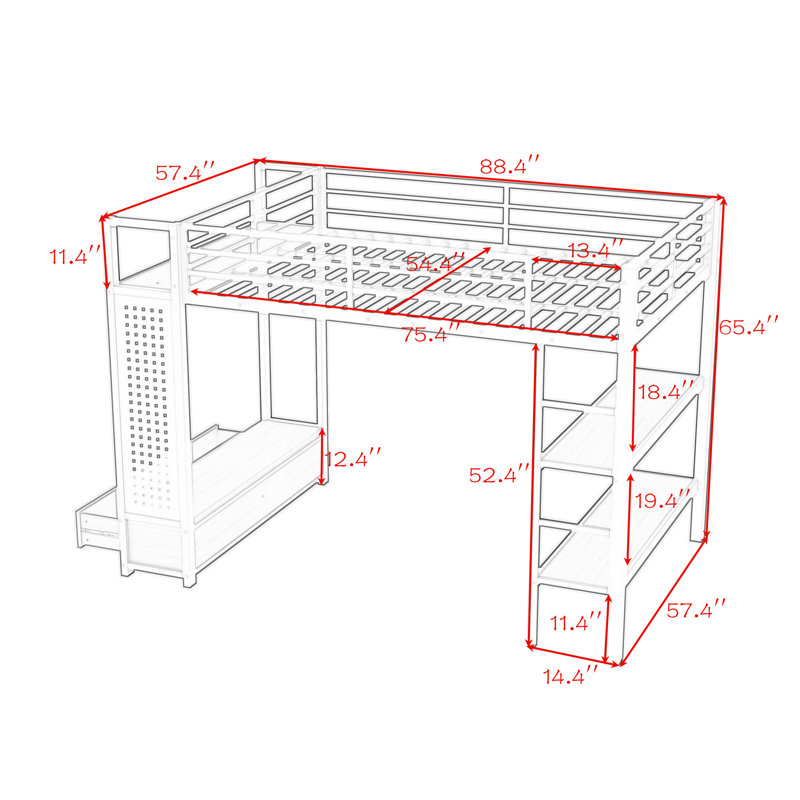 Lit mezzanine avec garde-robe, tablettes de rangement et panneau perforé, Double