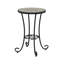 Table d'appoint de patio avec tablette en brun et noir. Surface en carreaux de céramique pour une utilisation durable. Pieds à volutes en acier noir. 14 po de diamètre. Assemblage requis. Table brune et noire. Conception délicate. Tablette.