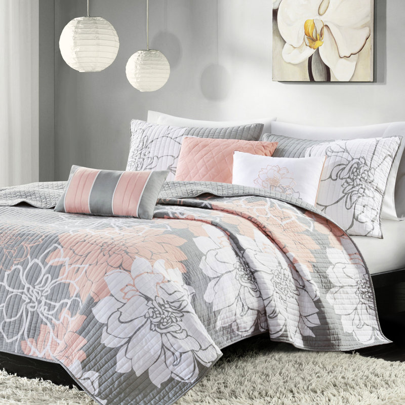 Literie 6 pièces, gris / pêche, double / grand, coton imprimé, confort réversible, coussins brodés, pièce lavable à la machine grise / pêche, chaleur, floral, 3 coussins