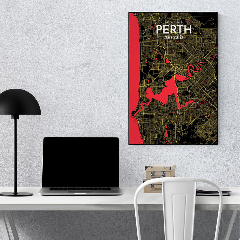 «Perth City Map», impression, H 36 po x l 24 po, Noir / rouge / jaune