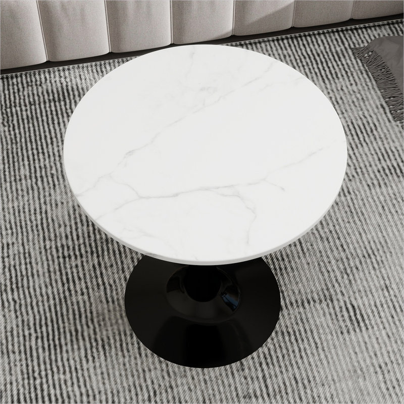 Table de salle à manger ronde d'aspect marbre avec base piédestal noire classique, 27,6 pouces, sièges 2 à 4, plateau blanc, style minimaliste moderne