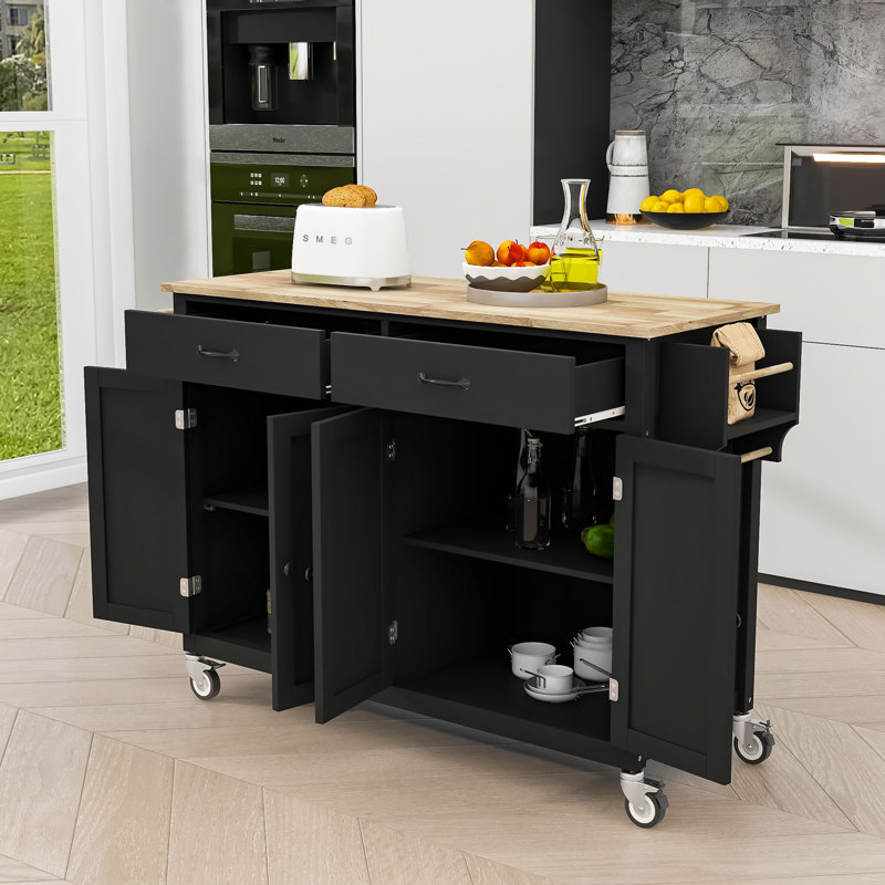 Chariot pour îlot de cuisine avec plateau en bois, 2 tiroirs, 4 portes et support à épices et à serviettes Adalid, Noir