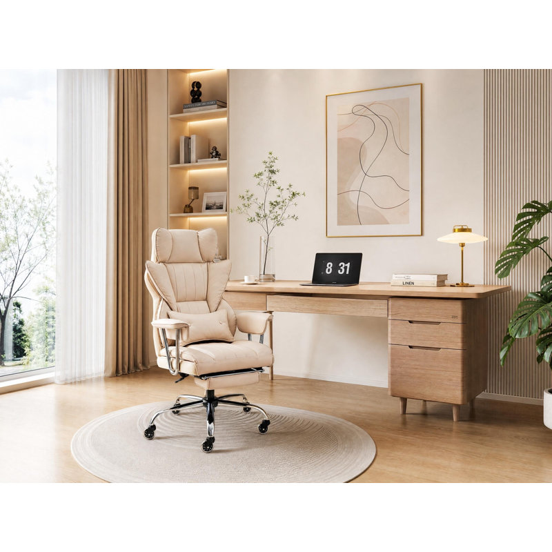 Grand fauteuil de bureau inclinable kaki / brun avec repose-pieds, capacité de 400 lb, cuir PU robuste avec support lombaire et roulettes silencieuses