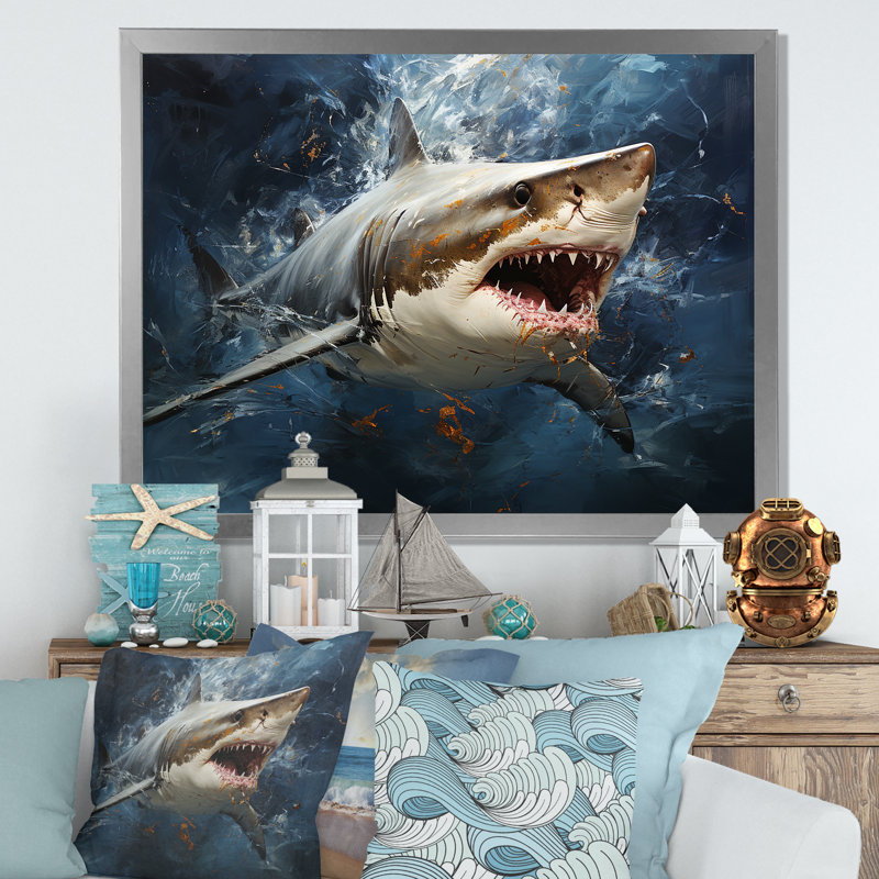 Underwater Shark Attack III - Sharkwall Art, Silver Closed Corner Framed, 24" H x 32" W x 1" D