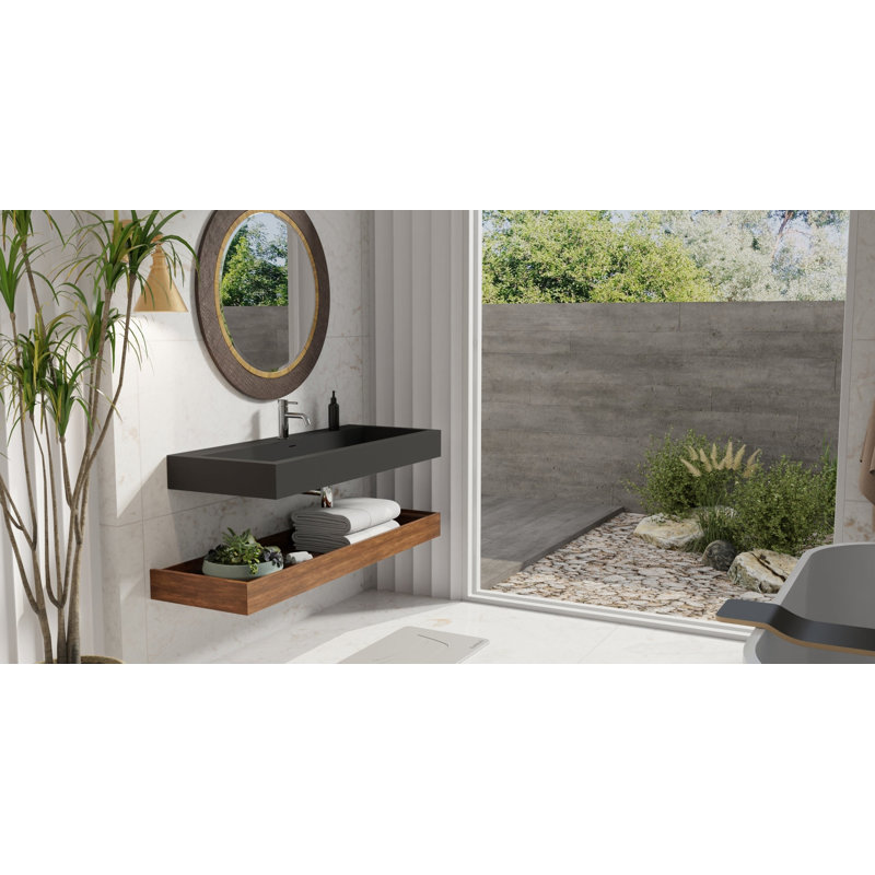 Lavabo de salle de bain mural en résine noir mat 47,2 po x 18,8 po Badeloft WT-06-XXL-MBLK, Matte Black