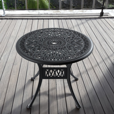 Table de salle à manger ronde de patio en aluminium moulé de 90 cm (35,43 po) avec trou pour parasol de 4,8 cm (1,88 po).