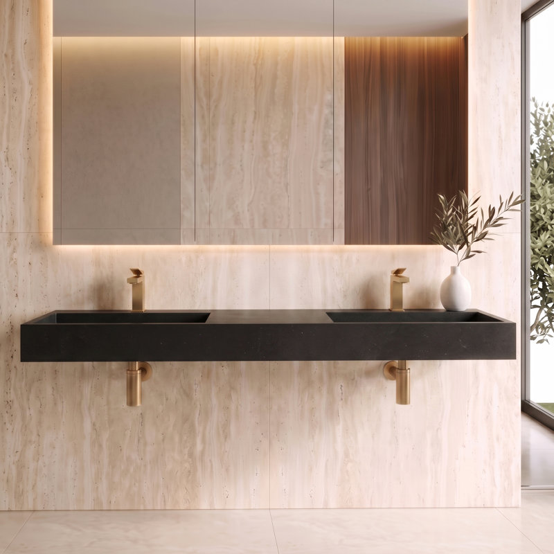 Lavabo de salle de bain mural à surface flottante avec drain dissimulé 72 po Juniper - Noir, Noir, Lit double