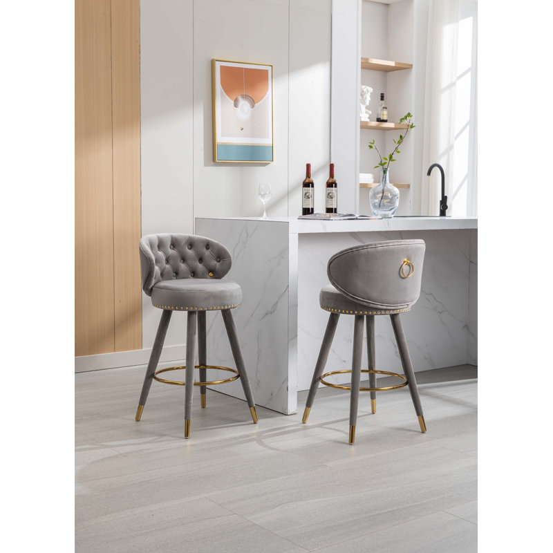 Gray Velvet Swivel Counter Height Bar Stools with Gold Accents