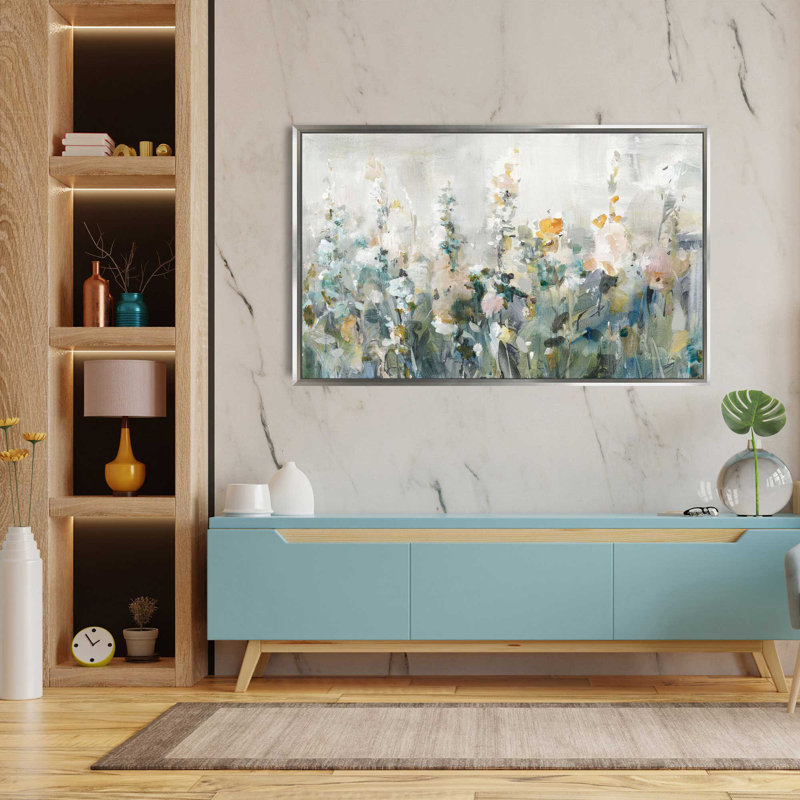 Jardin rustique neutre - Peinture, L 43,5 po x H 27,5 po, Encadrement argenté