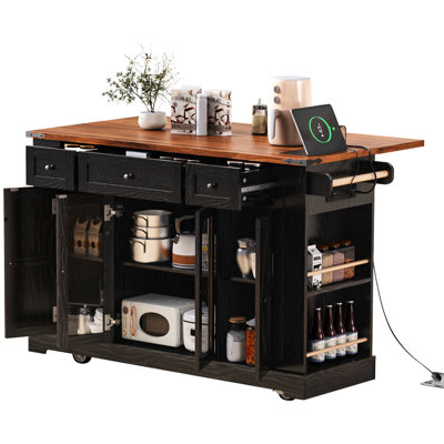 53'' Farmhouse Kitchen Island With Two Tempered Glass Cabinet Doors