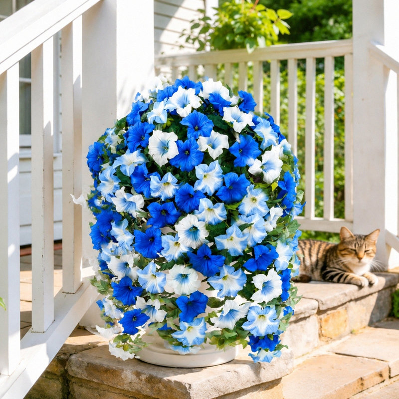 4 fleurs artificielles réalistes pour l'extérieur, pleine fleur artificielle résistante aux rayons UV, Bleu / blanc