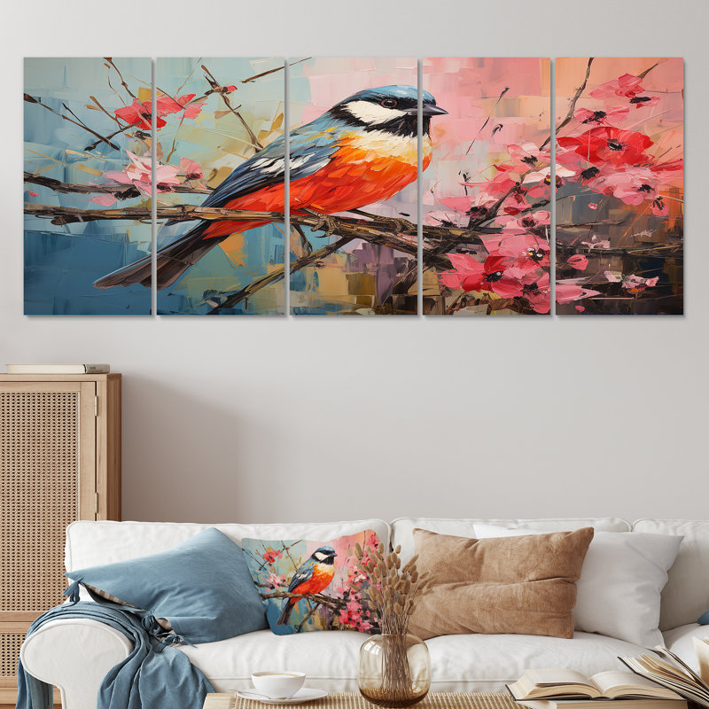 «Blue Bird Floral Tree Harmony - Bird», art mural 5 pièces, H 28 po x l 60 po