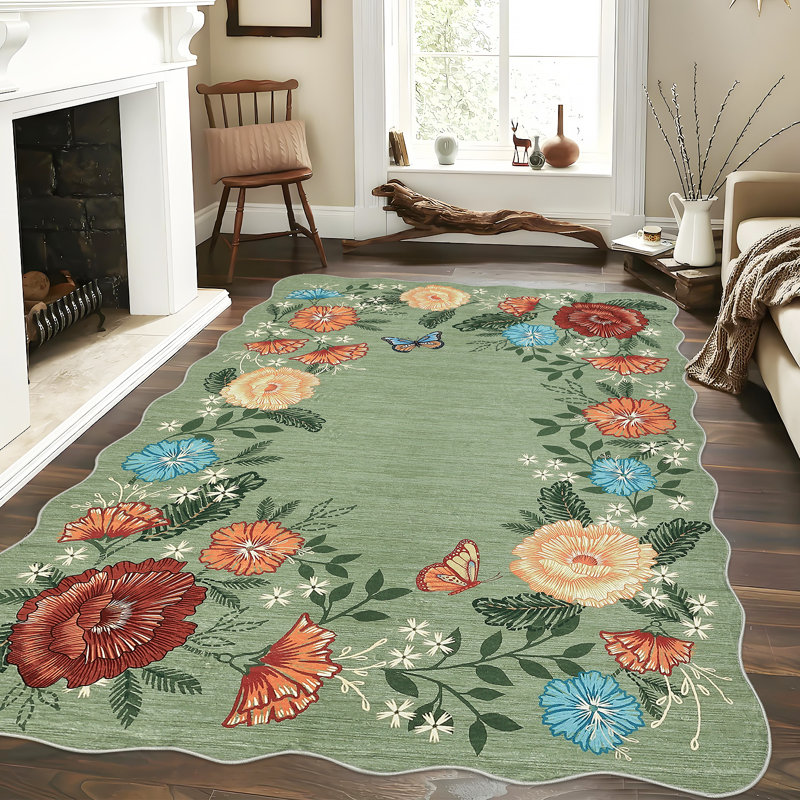 9x12 Area Rug for Living Room Bedroom Machine Washable Modern Floral Rug Non Slip Low Pile Stain Resistant Dining Accent Carpet No Shedding Easy Clean Flower Rug for Playroom Office Decor Green