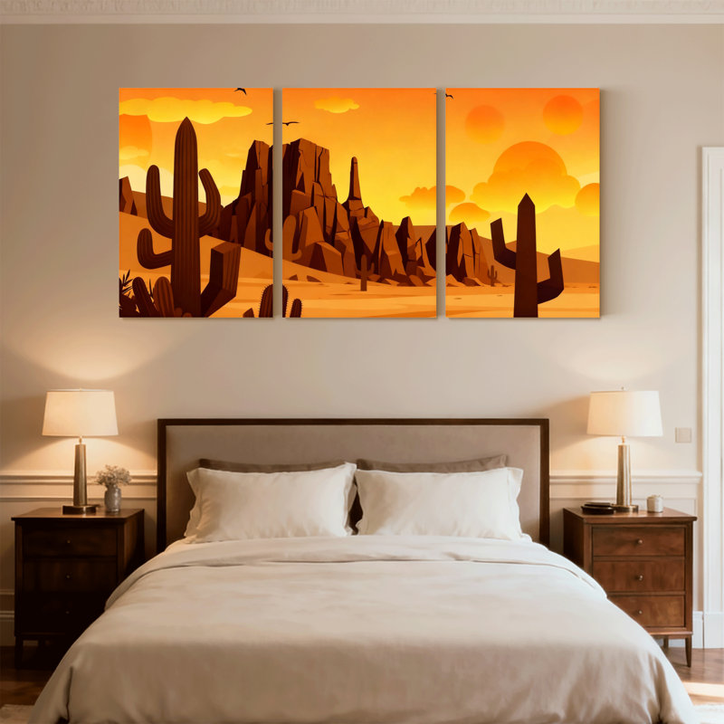 Cactus, paysage désertique, montagnes de cactus, coucher de soleil, réflexions, ensemble de 3 impressions sur toile