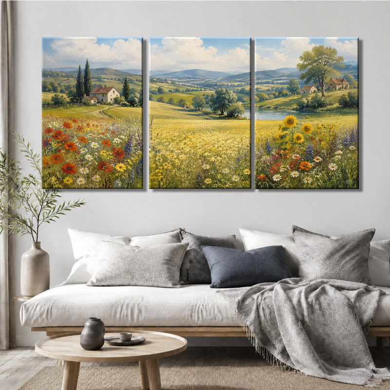 Tableau en trois panneaux représentant un paysage de campagne toscane fleuri, imprimé sur toile tendue pour le salon