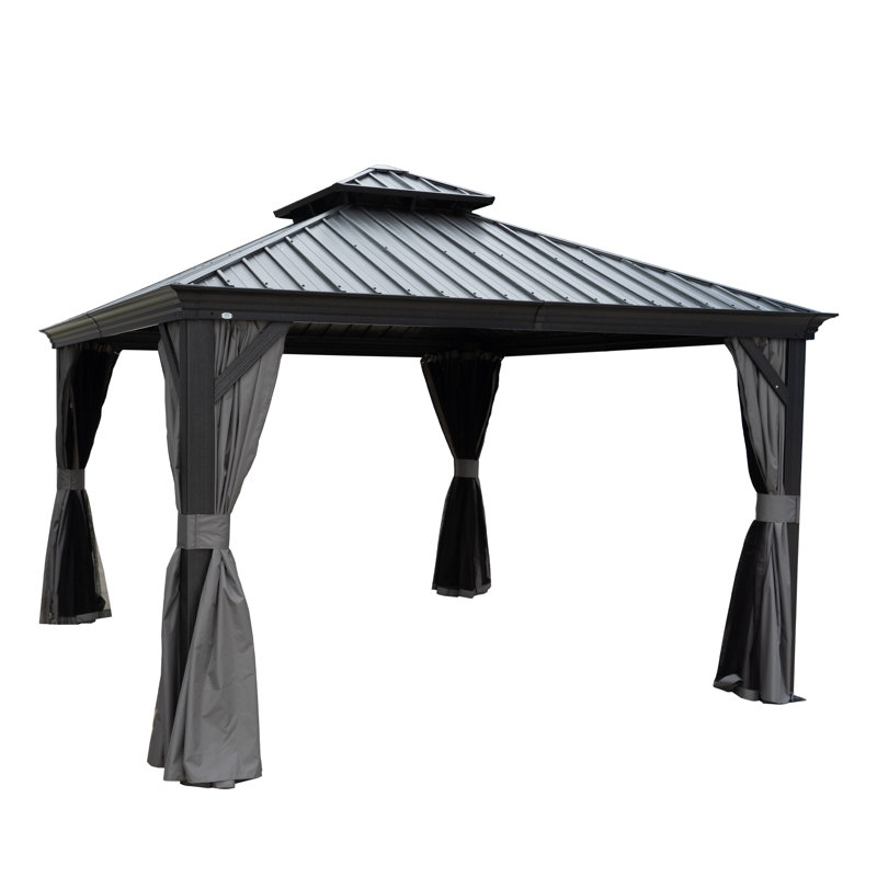 Kozyard Alexander Gray Double Roof Hardtop Gazebo with Privacy Curtain Mosquito Netting, 12 (ft) x 12 (ft)