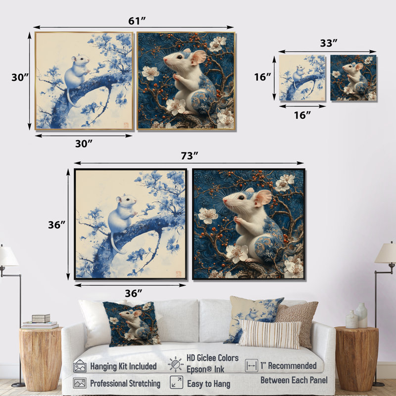 «Chinoiserie Blue Mouse on Tree I» - art mural souris - décoration murale moderne 2 pièces, Toile tendue, Ne s’applique pas