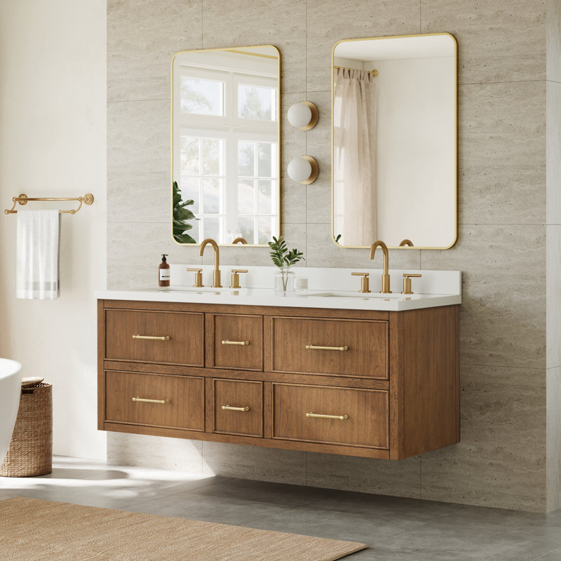 Ensemble de meuble-lavabo mural double 60 po en noyer grillé Isola, Brun, Bronze