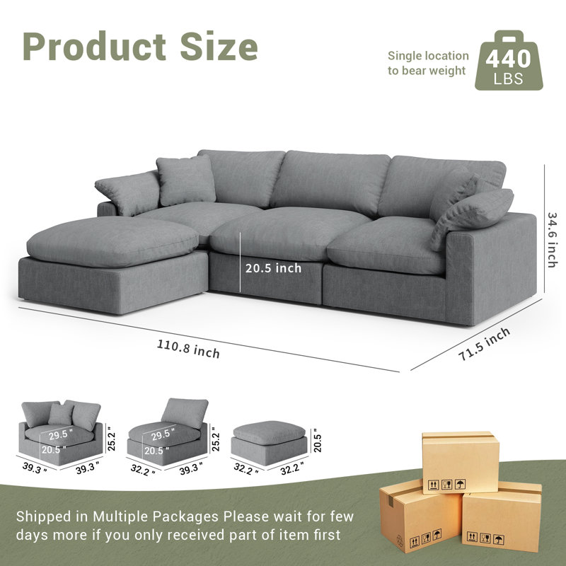 Oversized Cloud Modular Sectional Sofa, Comfy Down Filled Sectional Sofa, Upholstered Deep Seat Couches For Living Room, Detachable & Washable For All Sofa Covers
