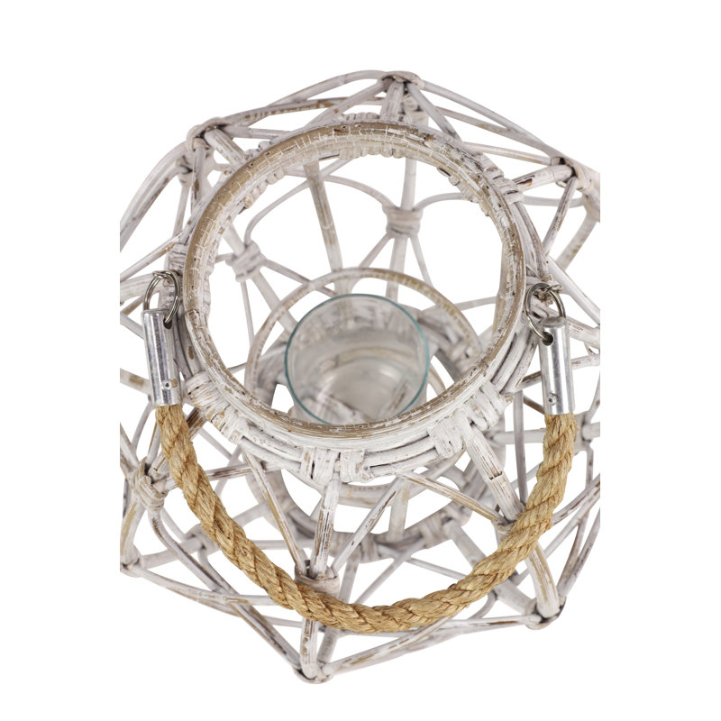 Lanterne ronde en rotin tissé rustique, H 15 po x l 15 po x P 15 po, Blanc
