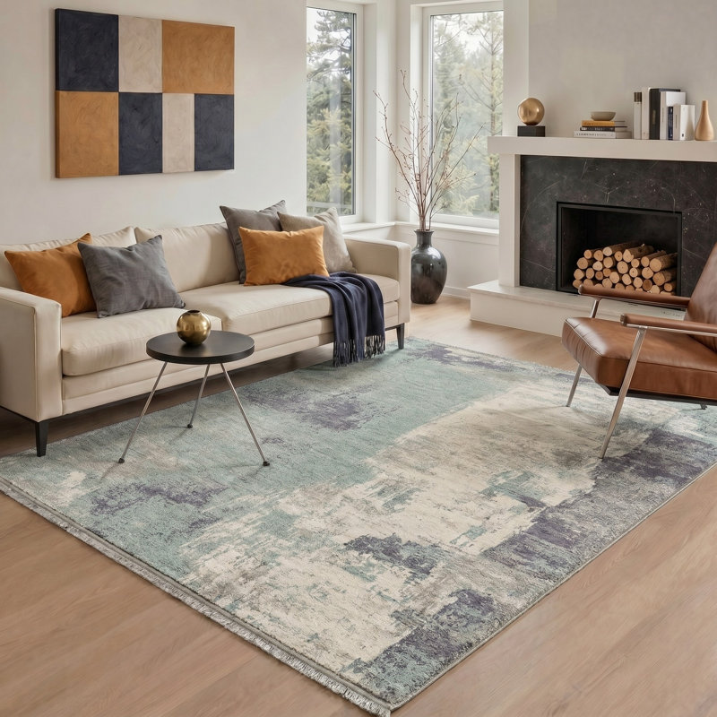 Tapis bleu sarcelle / ivoire Atkins, Rectangle 5' x 7'