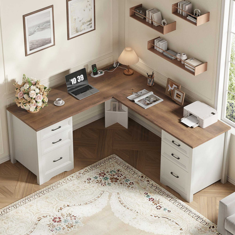 Bureau de direction en L en bois avec 6 tiroirs, Brun