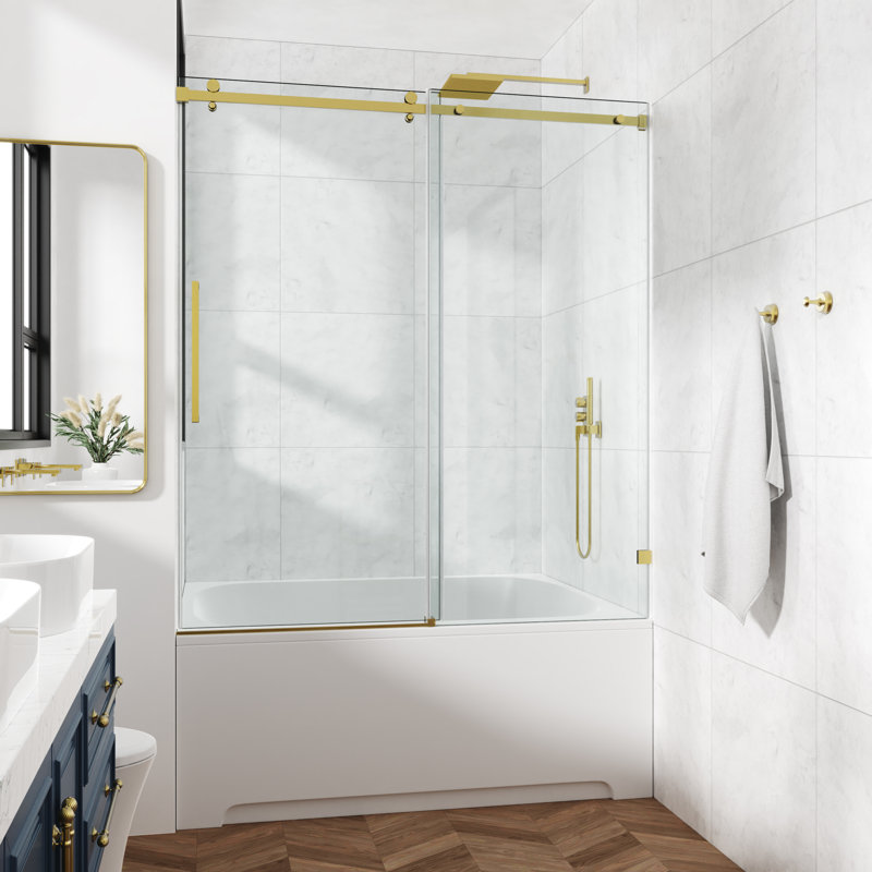 68-73" W X 66" H Frameless Single Sliding Shower Tub Door with 3/8" (10mm) Clear Tempered Glass, Shatter-Resistant Film & Installation Hole Locator - Square Top Rail