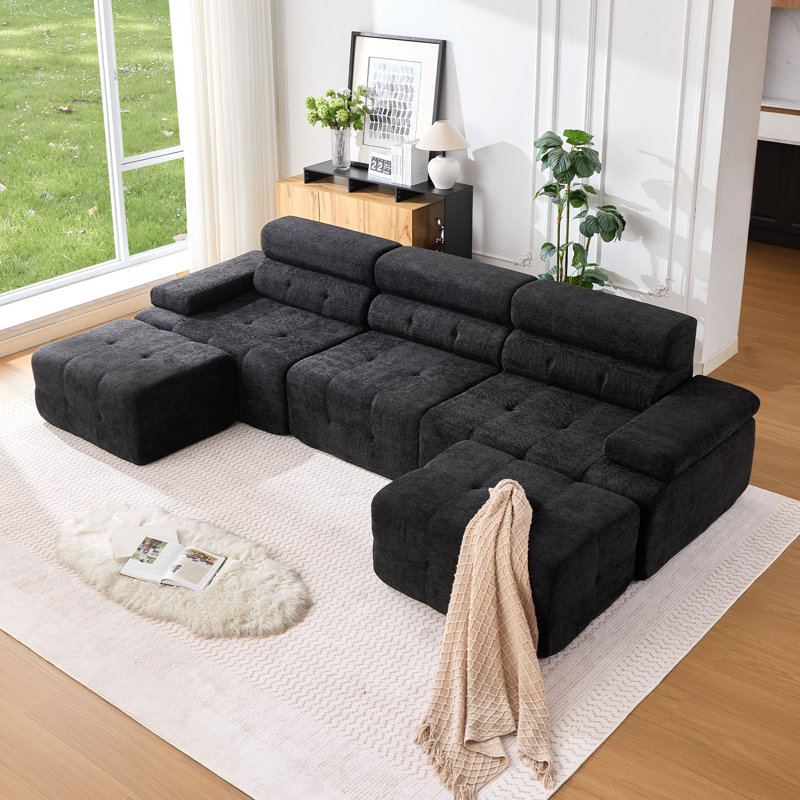 134" W Compression Modular U-Shaped Cloud Sectional Sofa, Black