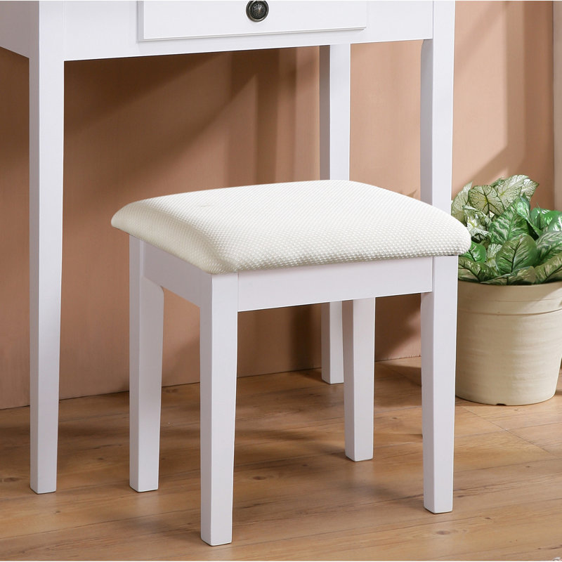 Ensemble de coiffeuse et tabouret en bois blanc avec 3 tiroirs de rangement et bureau en miroir, Blanc
