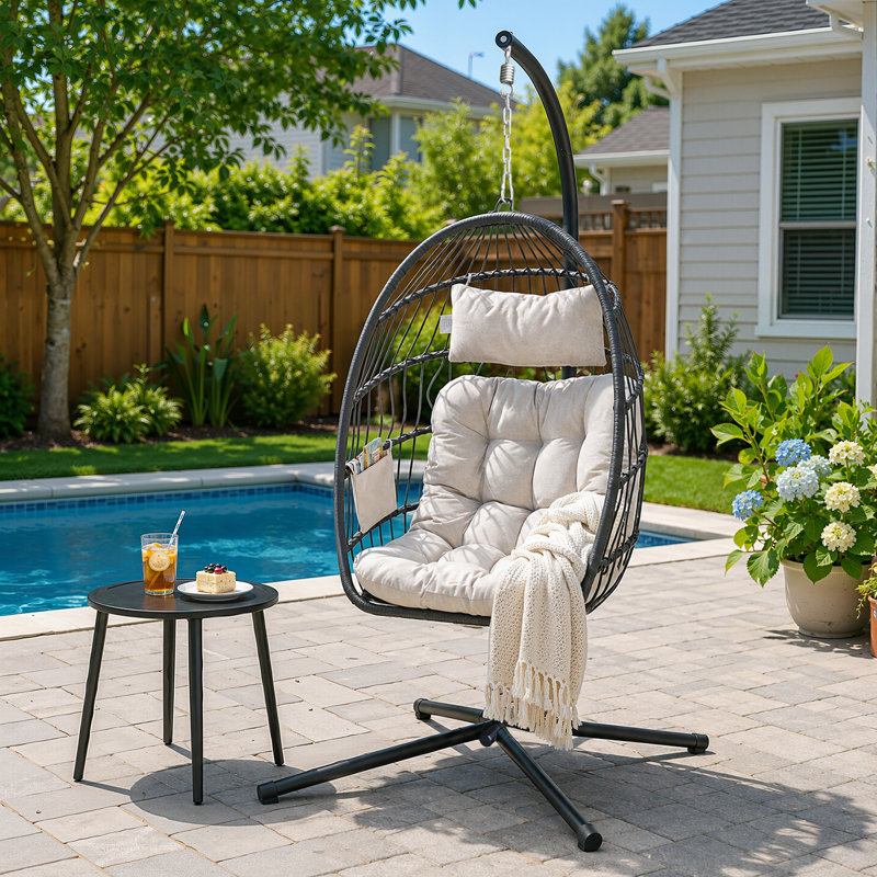 Fauteuil suspendu œuf en rotin avec support et coussin