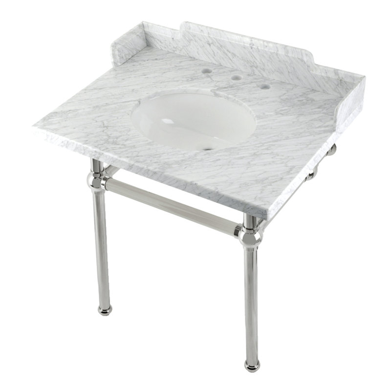 Kingston Brass Pemberton 30-Inch Carrara Marble Console Sink with Brass Legs (8-Inch, 3-Hole), Marble White/Polished Nickel