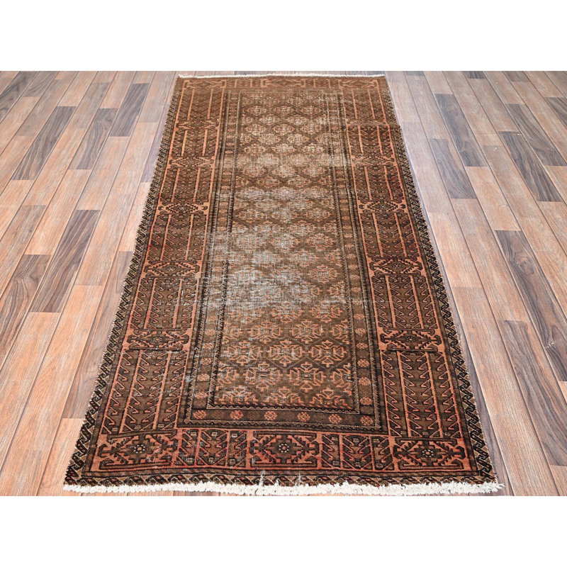 Tapis brun clair 3 pi 1 po x 6 pi 6 po brun rétro chocolat avec motif intégral, usé et vieilli, 100% laine, noué à la main, velours zéro, côtés et extrémités professionnellement sécurisés, large tapis de couloir oriental