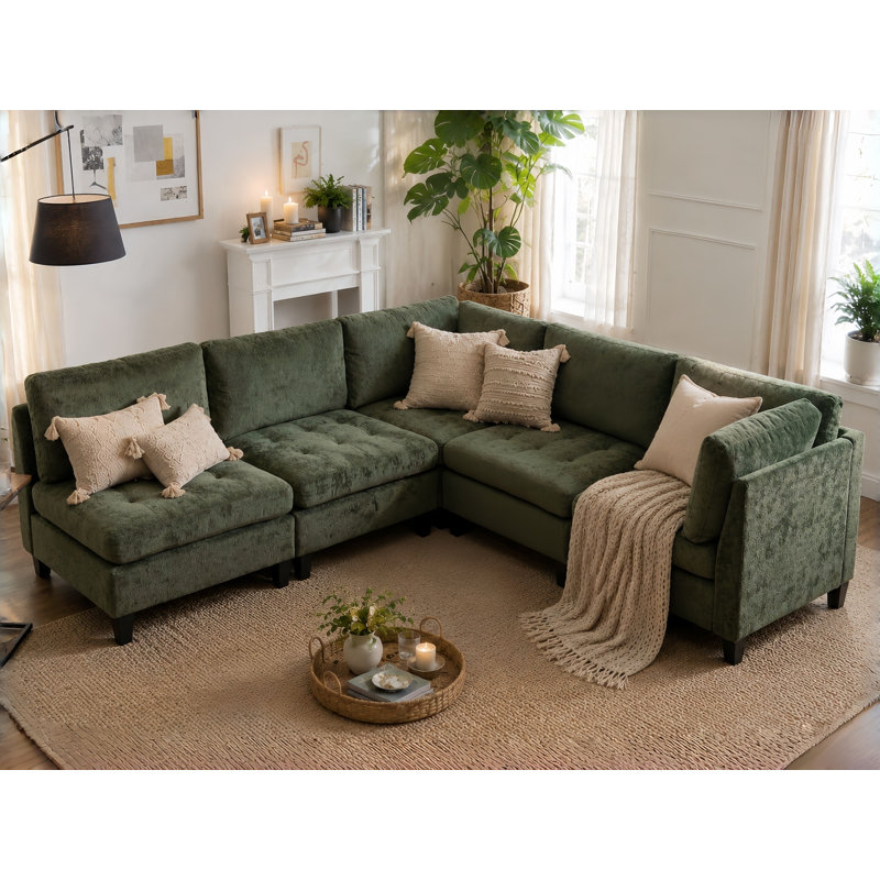 Canapé modulaire en chenille 5 pièces à assise profonde et canapé convertible 5 pièces, Chenille verte