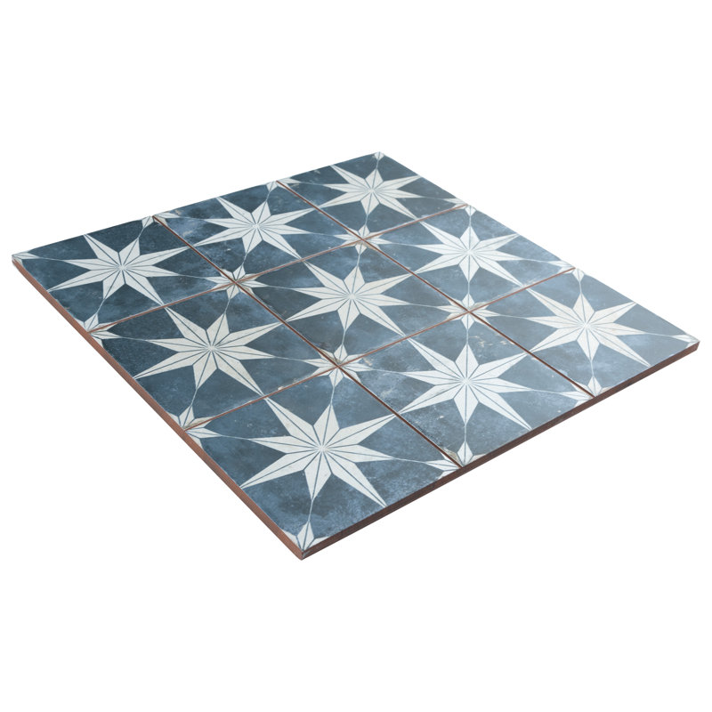 Carreau de céramique à motif pour mur et plancher 13 po x 13 po Harmonia, Bleu denim / blanc