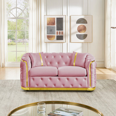 62.6 Inches Mid Century Modern Chesterfield Loveseat Couch, Luxury Velvet Pink and Gold Couch for Living Room Tufted Sofa with Stainless Steel Decoration & 2 Pillows, Pink