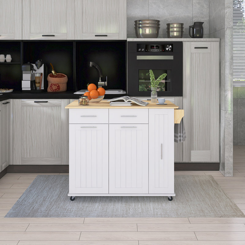 46" Rubber Wood Drop-Leaf Countertop Kitchen Cart With Internal Storage Rack & Towel Rack, White