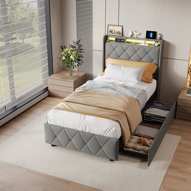 Upholstered Storage Bed, European Single (90 x 200 cm), Grey
