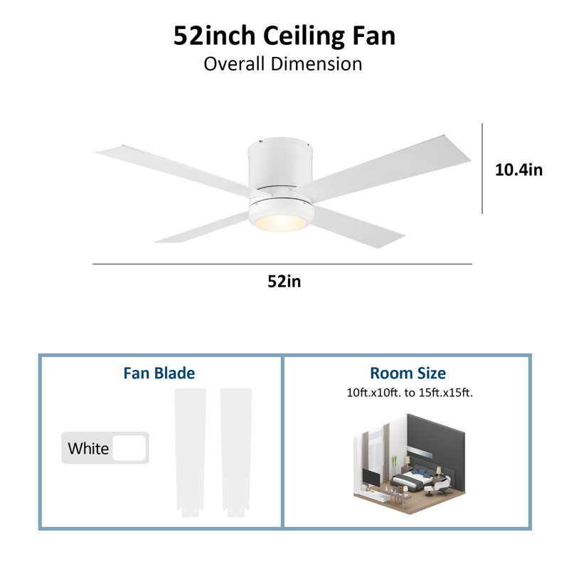 Ventilateur de plafond intelligent de 52 pouces avec lumière, commande murale, encastré, Blanc