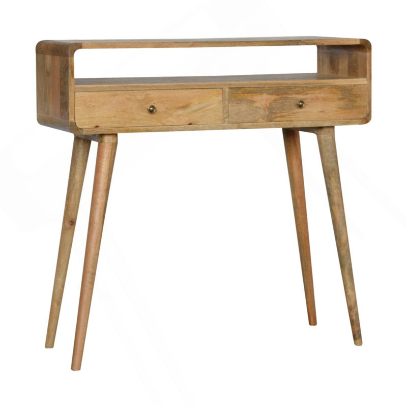 Console courbée Oak-Ish, pieds nordiques, 2 tiroirs, fente ouverte, brun