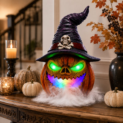 Lighted Resin Halloween Jack-O'-Lantern Witch Hat Decorative Accent with Green Eyes and Multicolor Mist Fog Maker