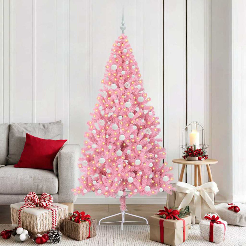 5.91' H Lighted Artificial Christmas Tree, Pink, 180 cm, with 120 White Balls