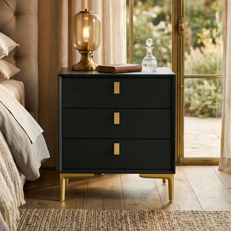 3-Drawer Modern Nightstand With Metal Legs, Black