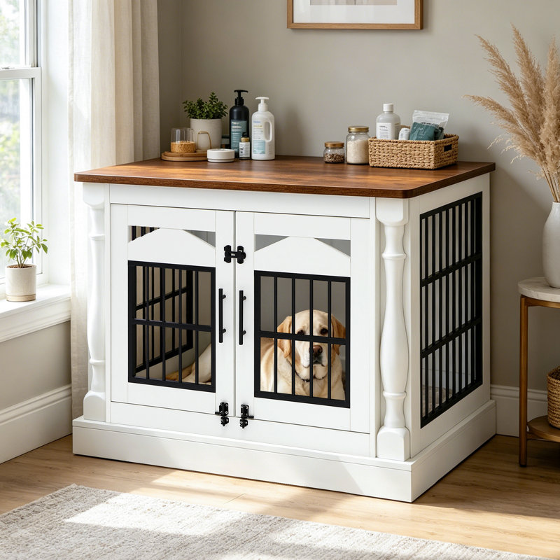 Meuble de cage pour chien en bois naturel avec conception à double porte pour chiens de taille moyenne à grande l 47,24 po 