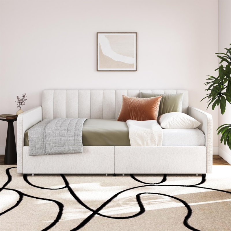 Keyten Upholstered Daybed with Storage Drawers, Cream Chenille