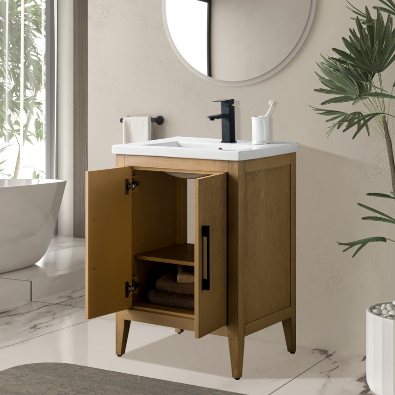 Single Bathroom Vanity with Ceramic Top, Natural Oak, Matte Black, 24"